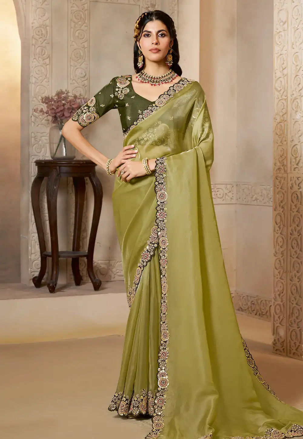 Pista Green Organza Saree With Blouse 318964