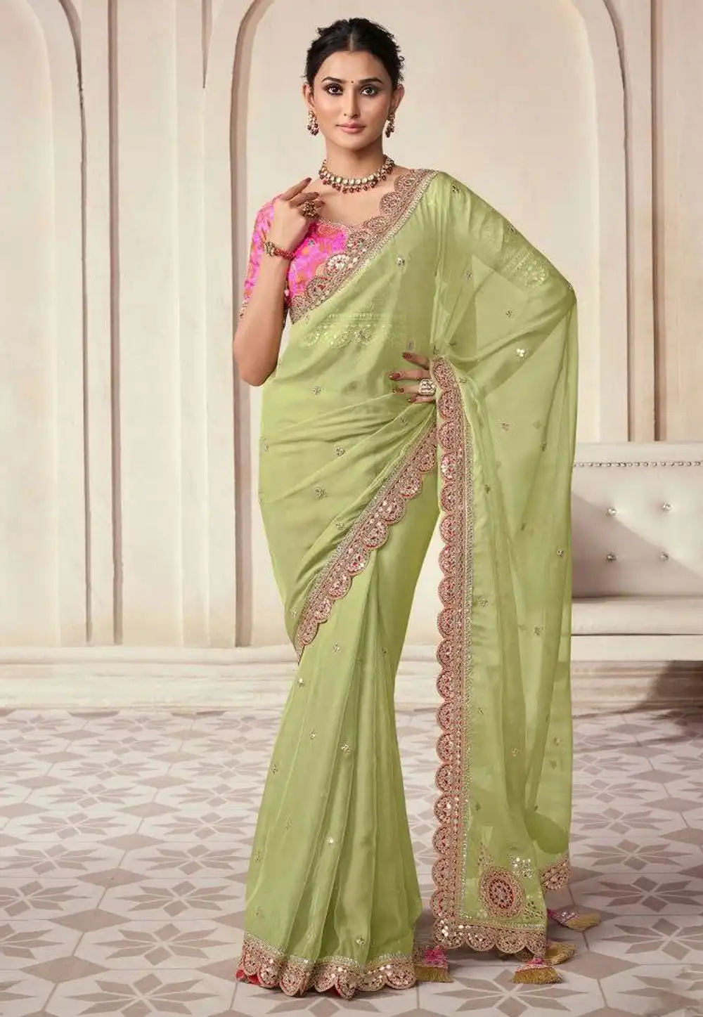 Pista Green Organza Saree With Blouse 314963