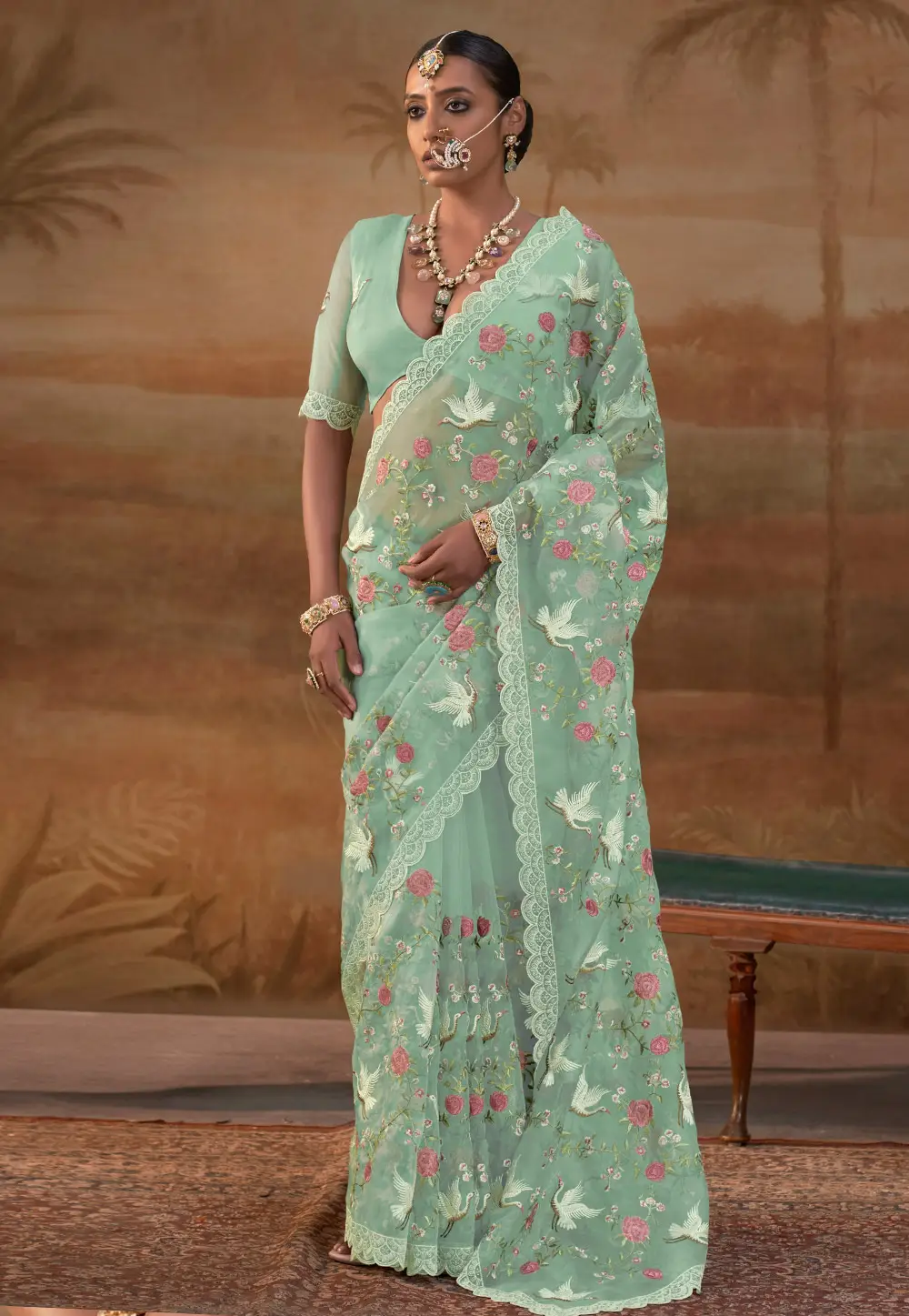 Pista Green Organza Saree With Blouse 334356