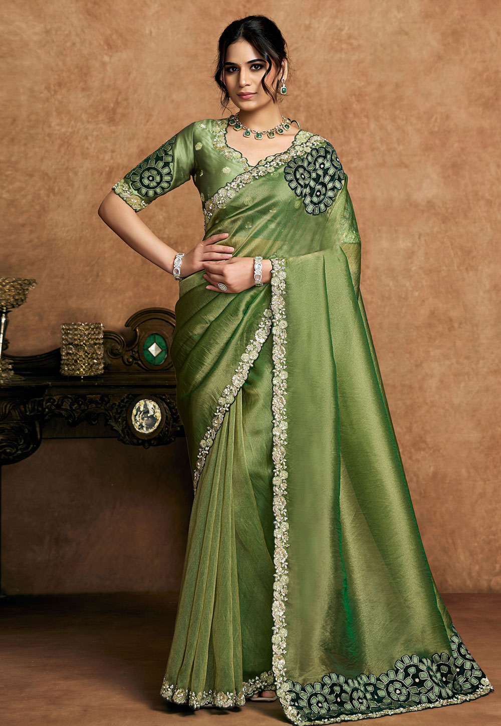 Pista Green Organza Saree With Blouse 326455