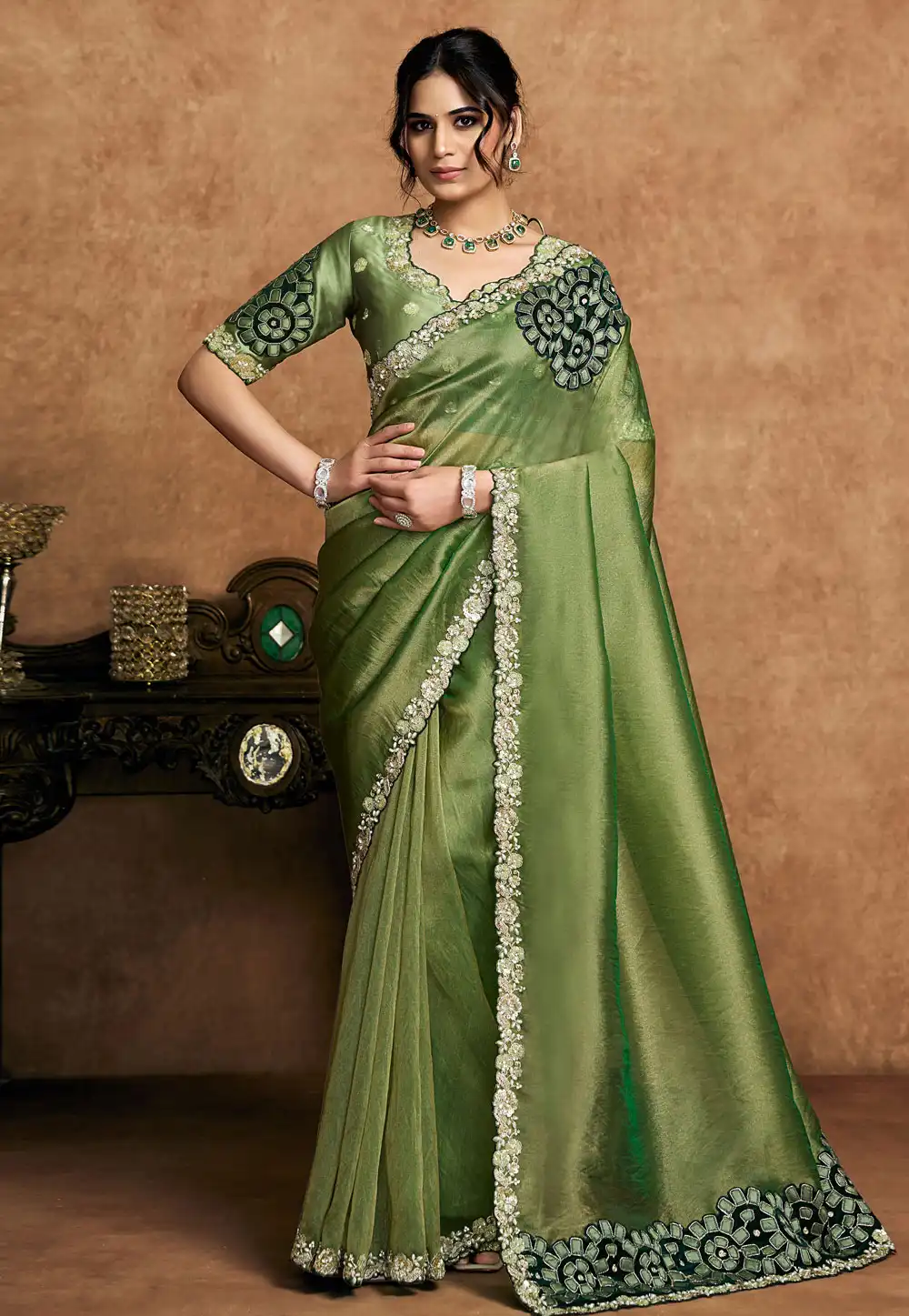 Pista Green Organza Saree With Blouse 326455