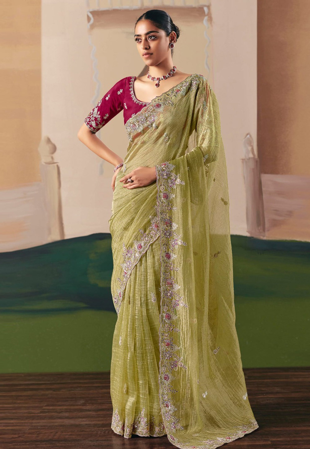 Pista Green Organza Saree With Blouse 318351