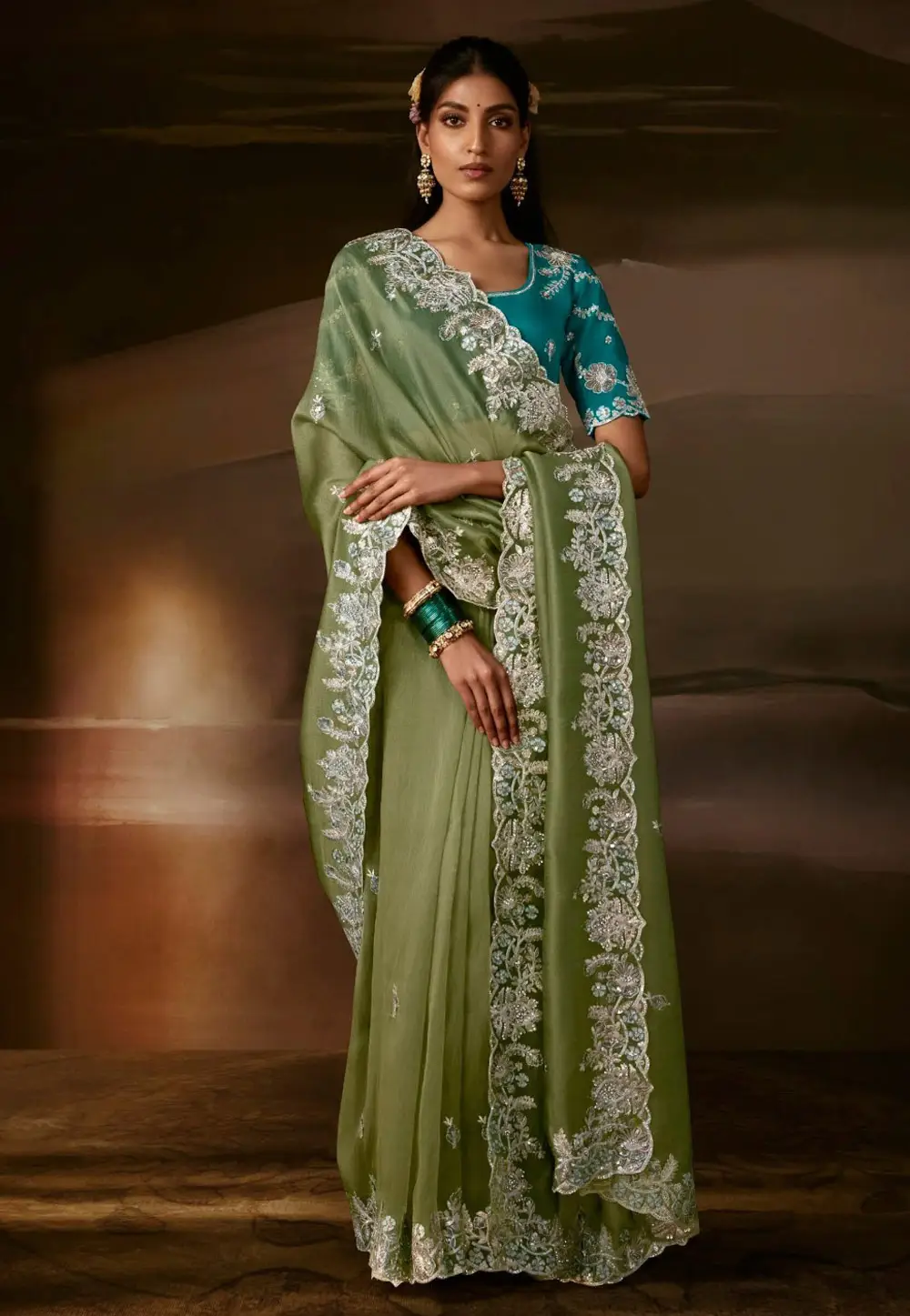 Pista Green Organza Saree With Blouse 336352