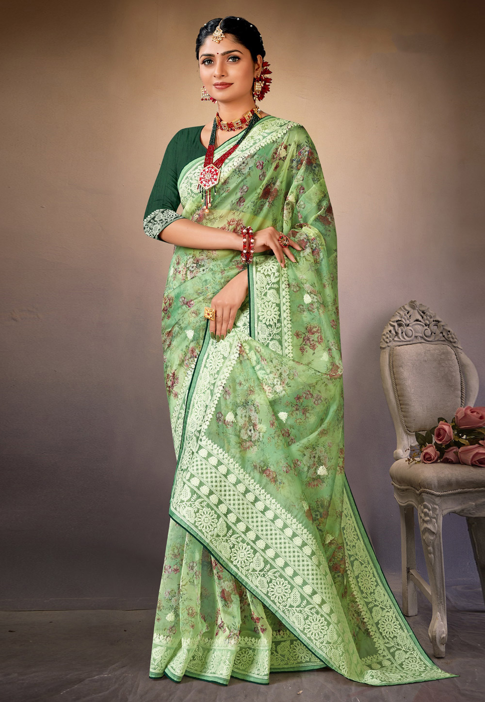 Pista Green Organza Saree With Blouse 278748
