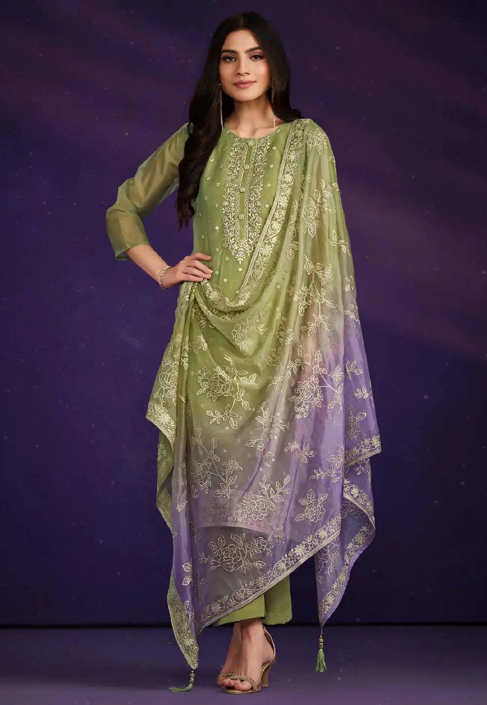 Pista Green Organza Straight Suit 336784