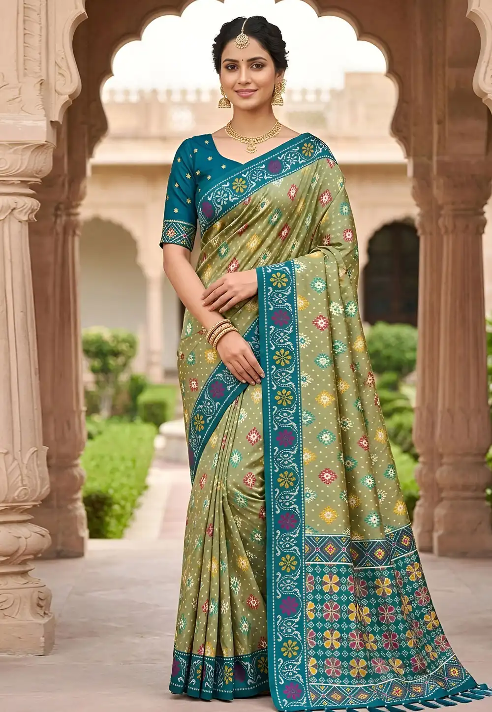 Pista Green Patola Silk Saree With Blouse 330496