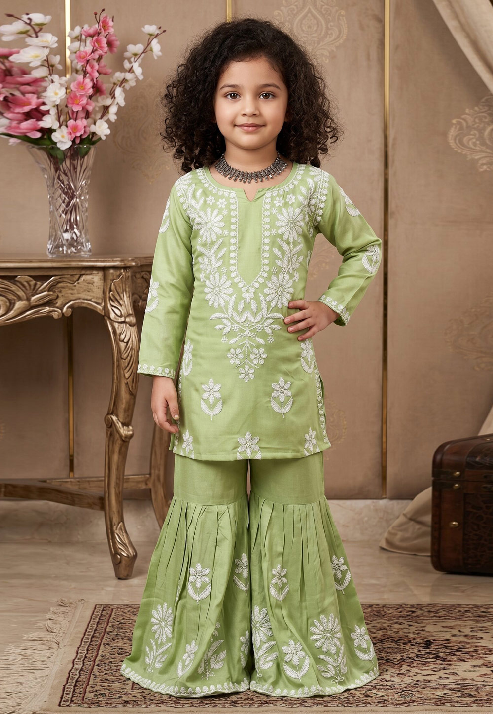 Pista Green Rayon Kids Sharara Suit 329454
