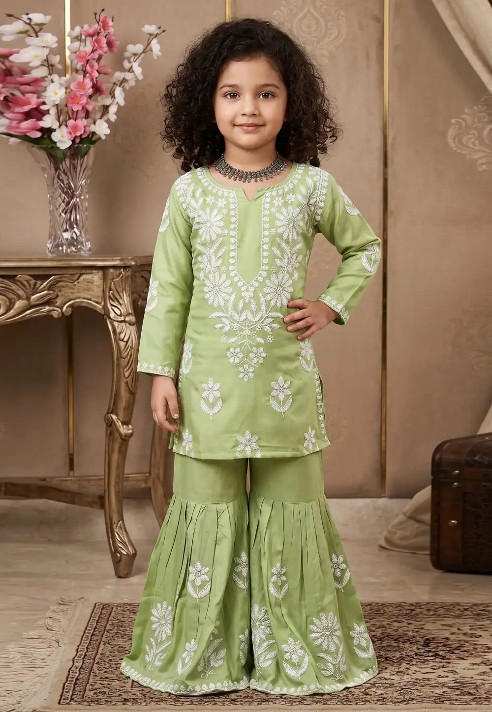 Pista Green Rayon Kids Sharara Suit 329454