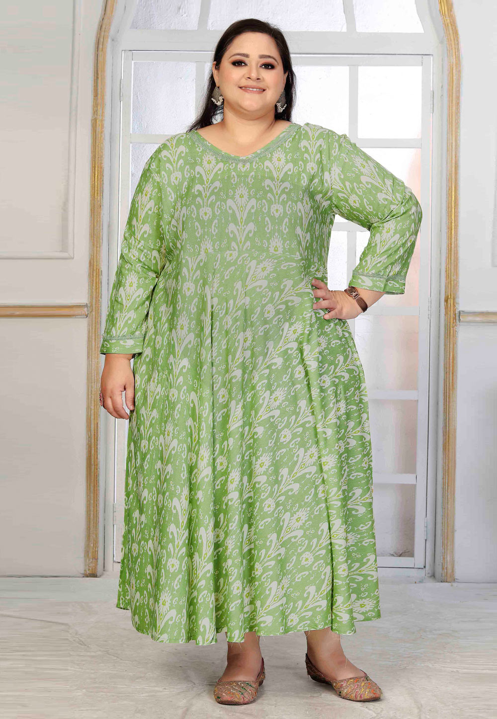 Pista Green Rayon Printed Long Tunic 312219