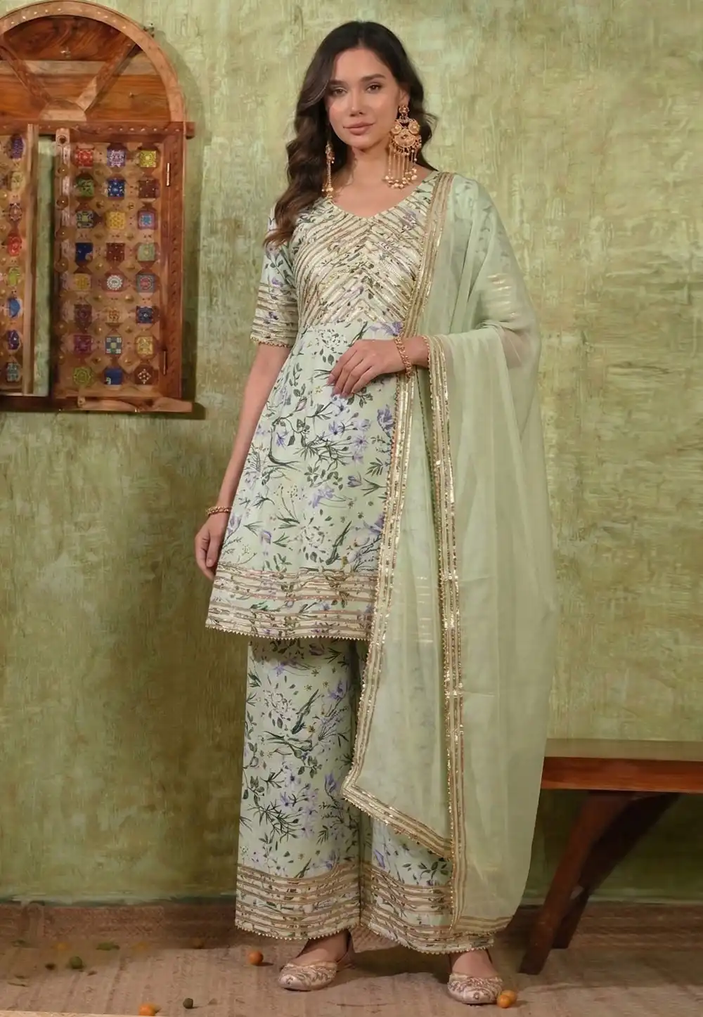 Pista Green Rayon Readymade Palazzo Suit 328111