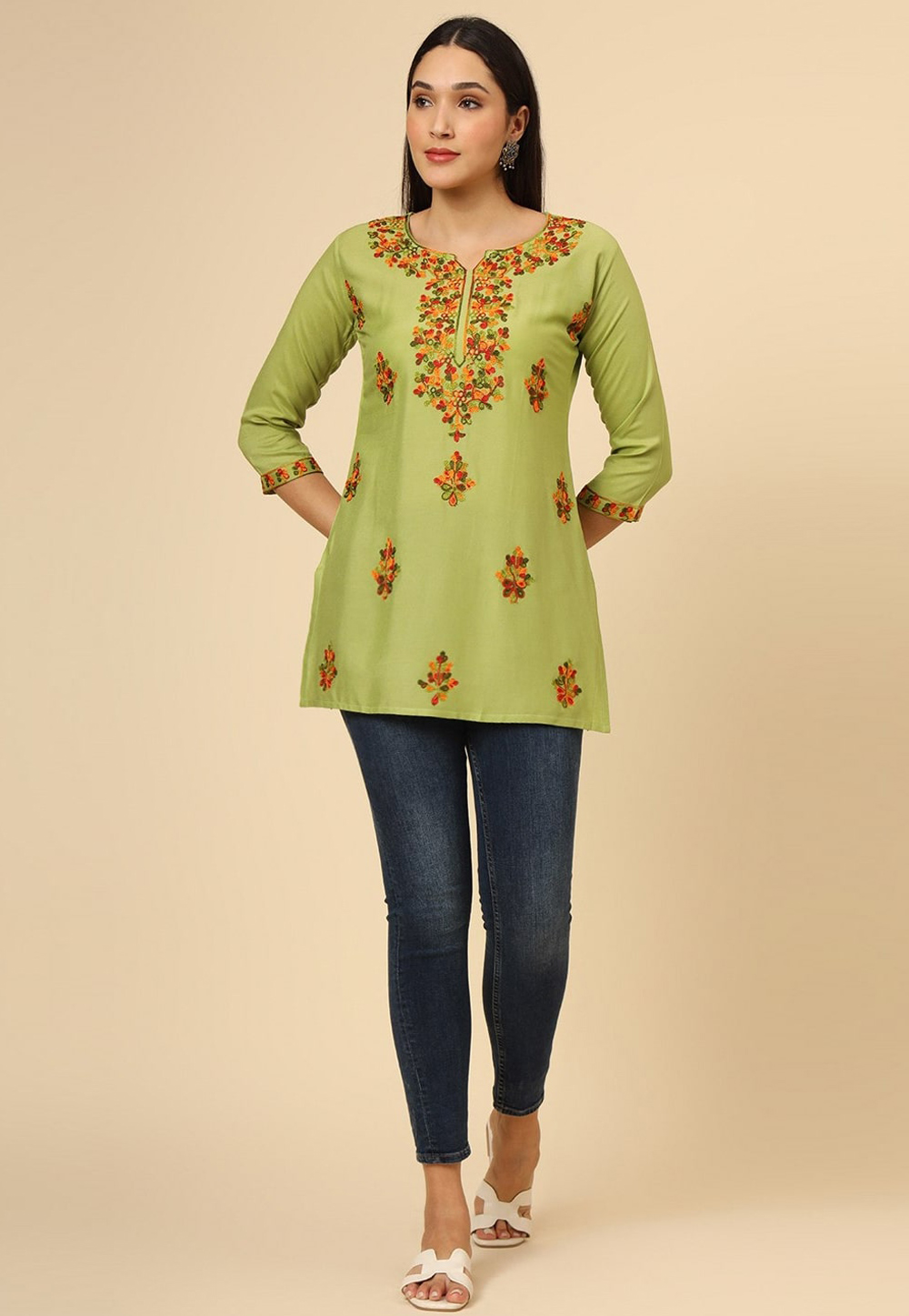 Pista Green Rayon Short Kurti 312614