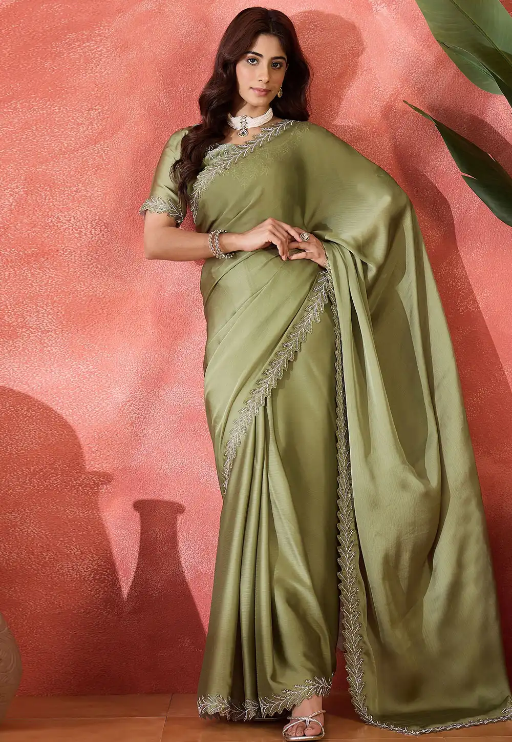 Pista Green Satin Chiffon Saree With Blouse 316747