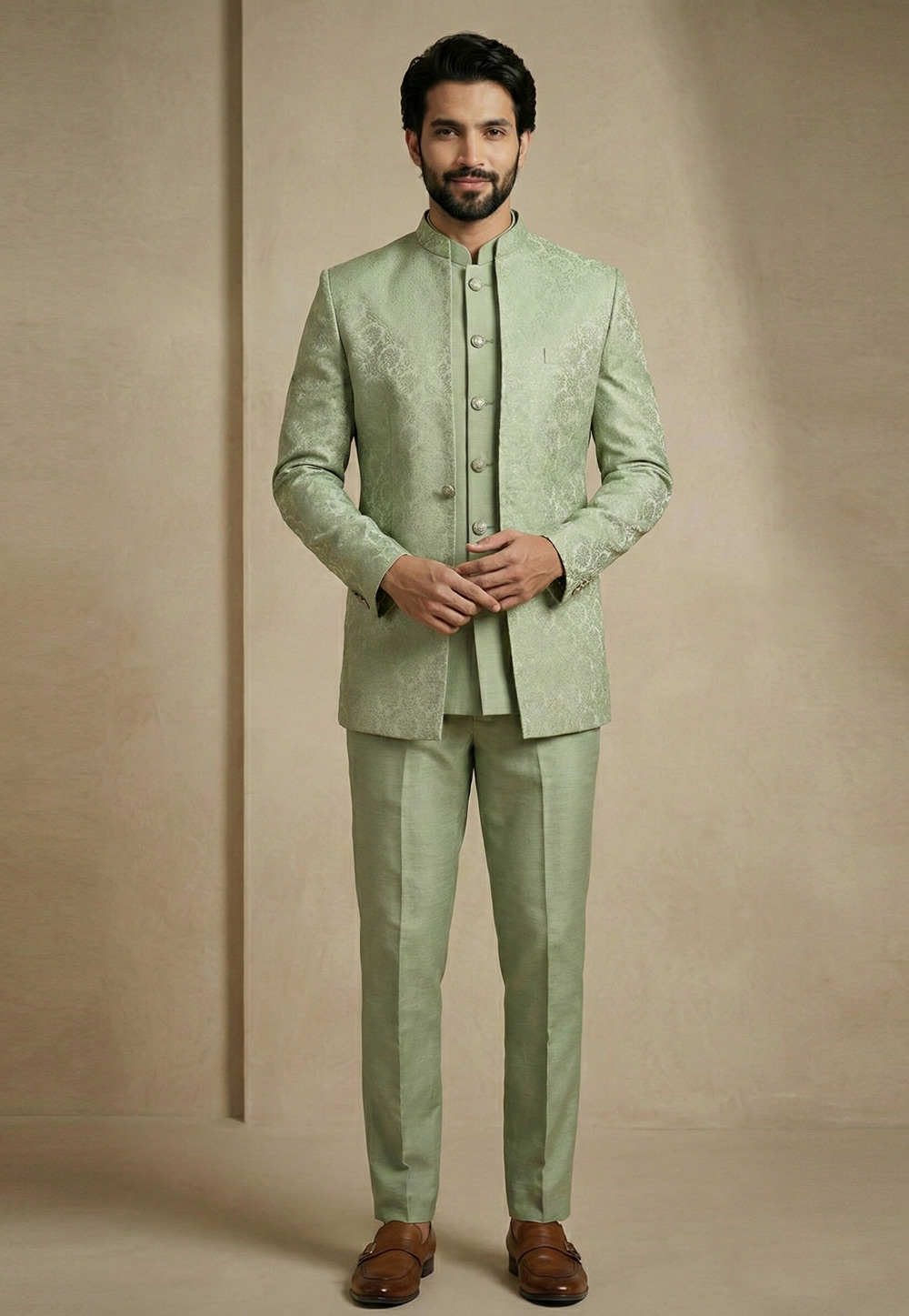 Pista Green Satin Jodhpuri Suit 324109
