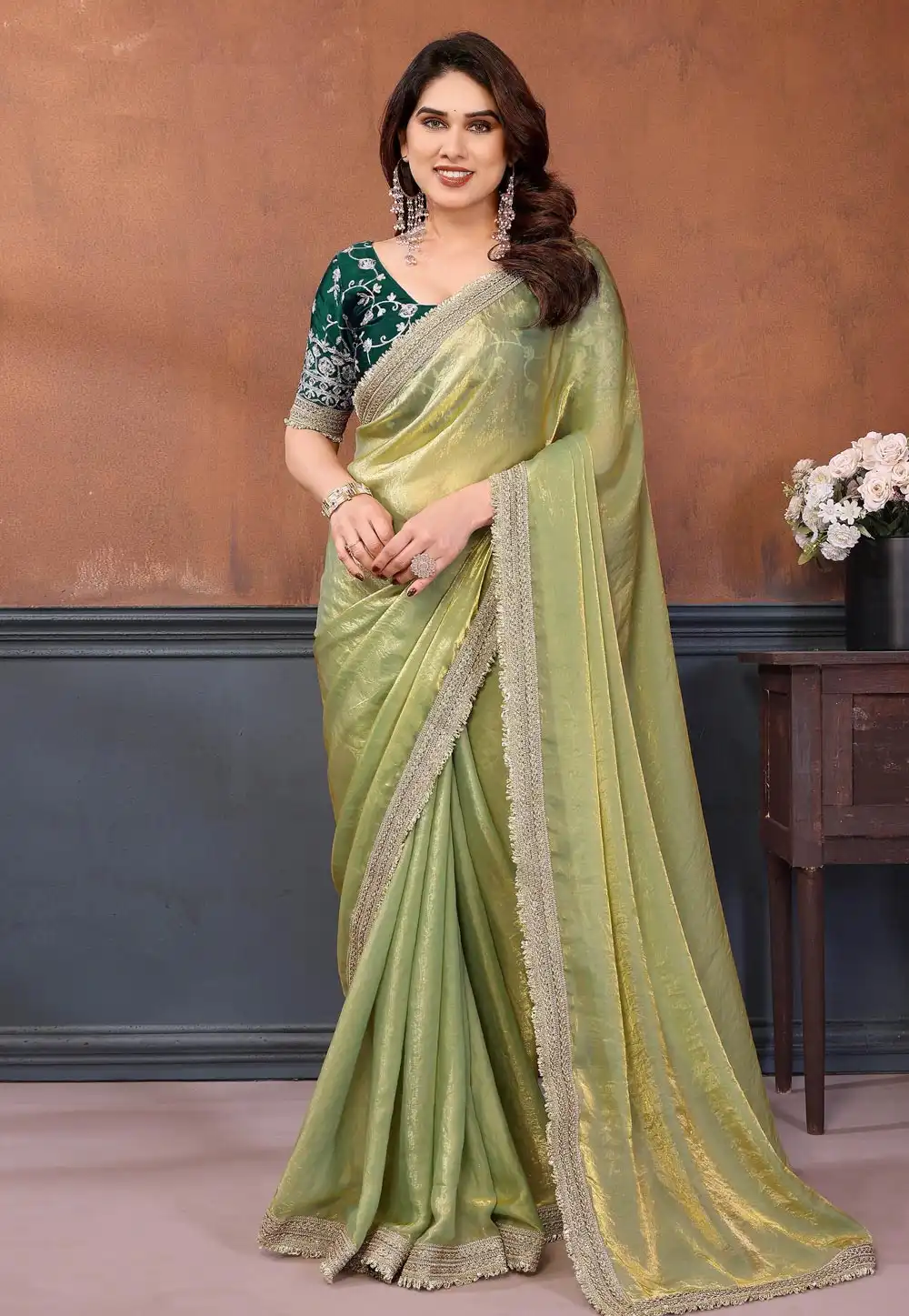 Pista Green Satin Saree With Blouse 319862