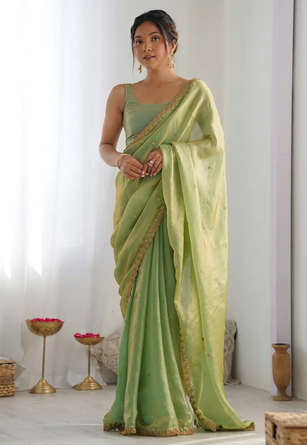 Pista Green Satin Saree With Blouse 325653