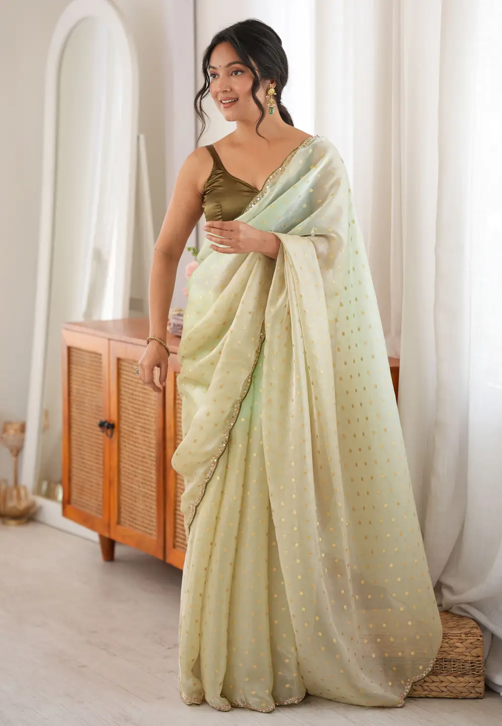 Pista Green Satin Saree With Blouse 335006