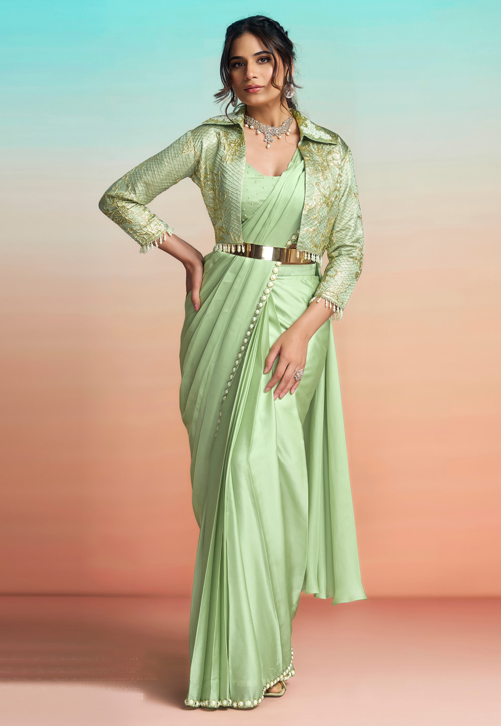Pista Green Satin Silk Designer Saree 327243