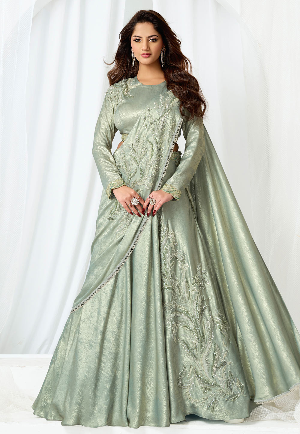 Pista Green Satin Silk Lehenga Saree 326853