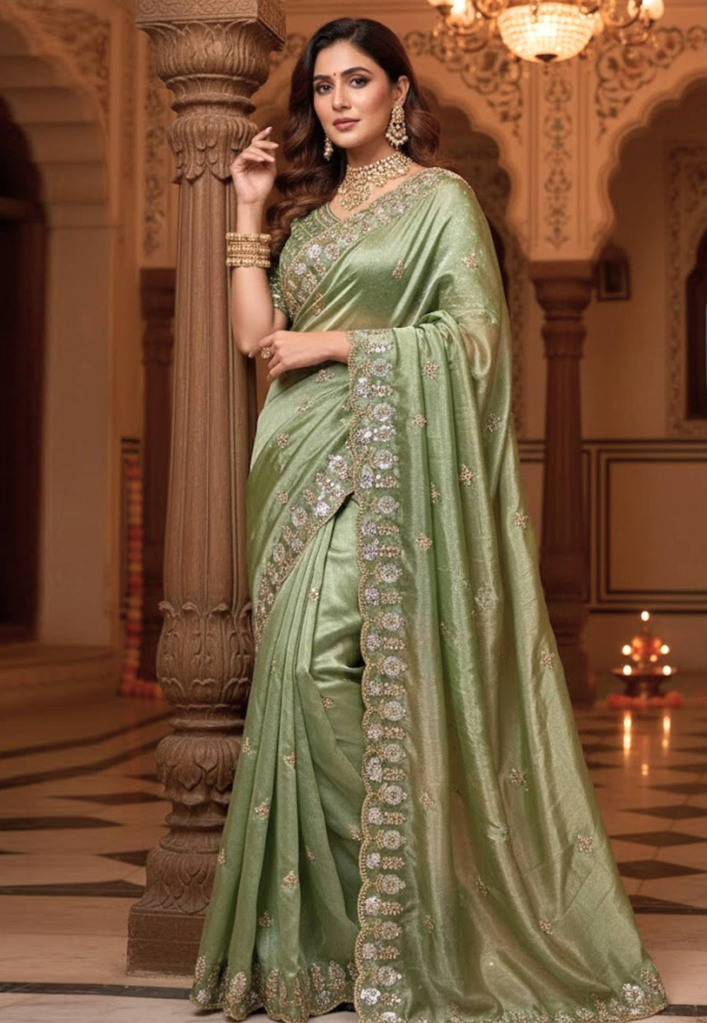 Pista Green Satin Silk Saree With Blouse 322387