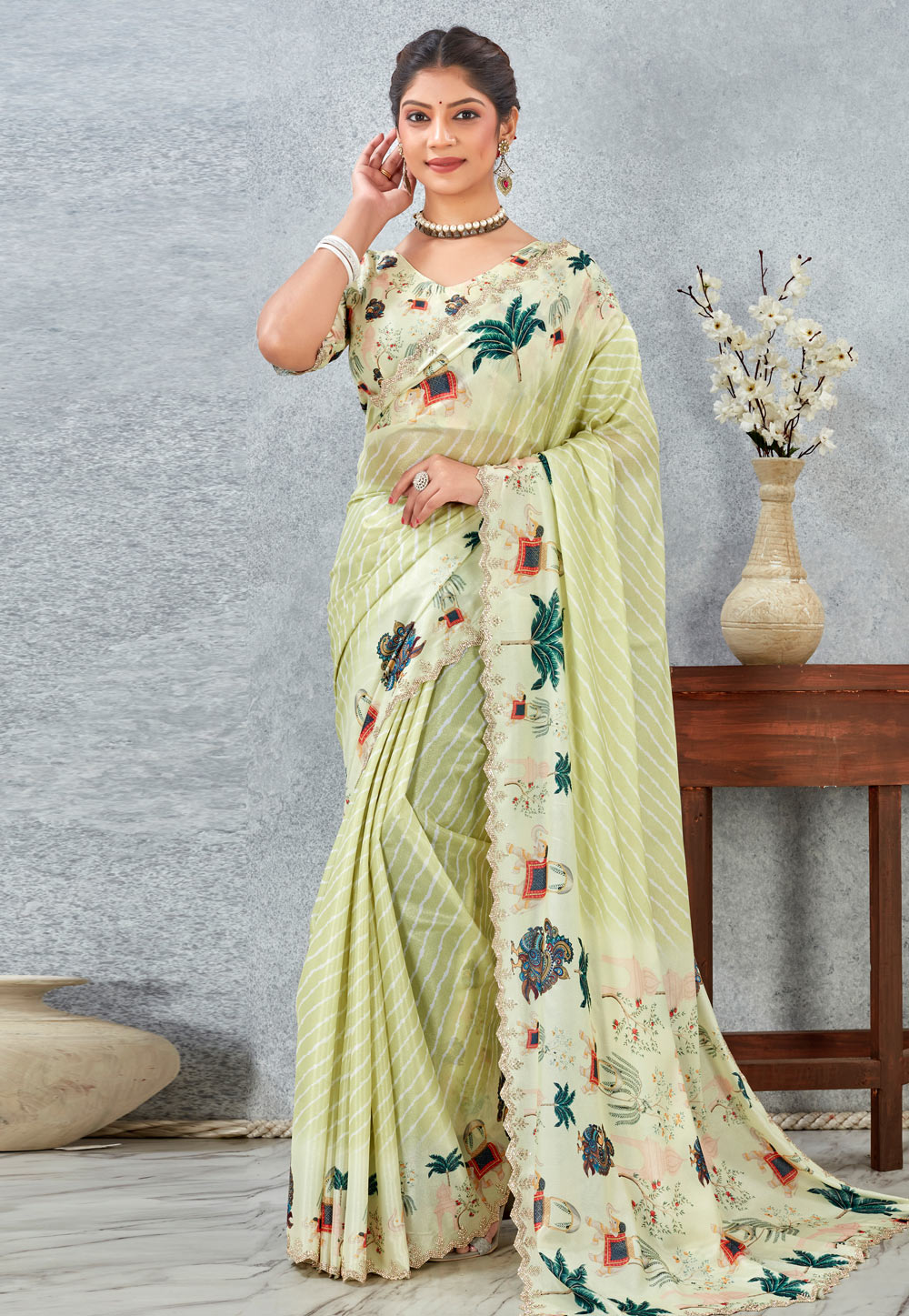 Pista Green Satin Silk Saree With Blouse 318330