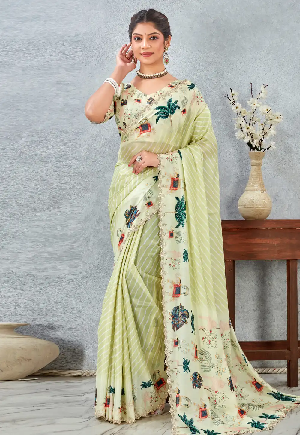 Pista Green Satin Silk Saree With Blouse 318330
