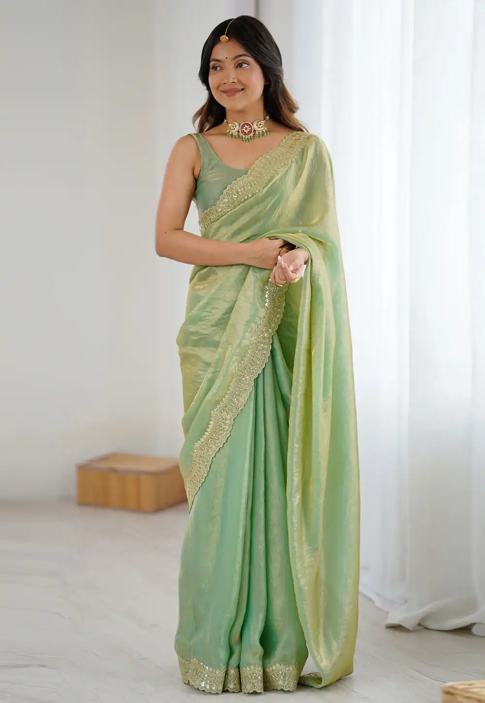 Pista Green Satin Silk Saree With Blouse 326708