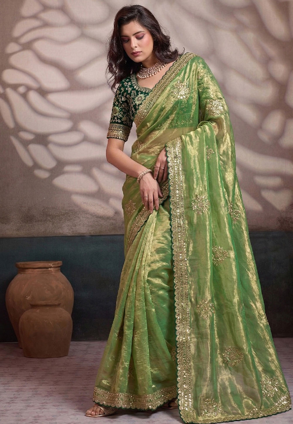 Pista Green Satin Silk Saree With Blouse 330056