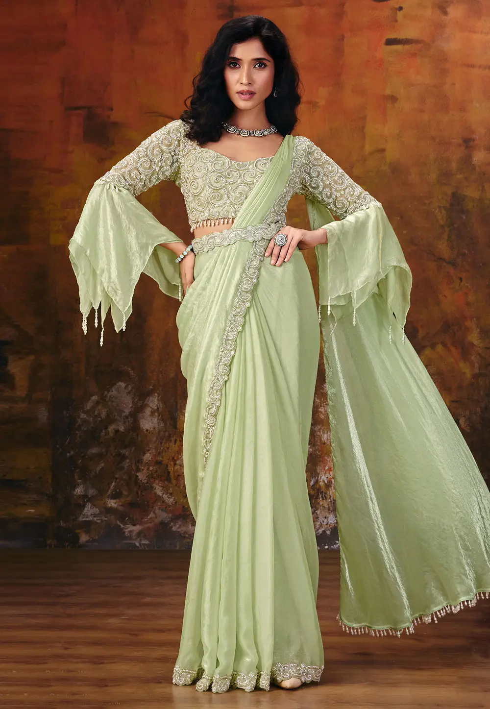 Pista Green Satin Silk Saree With Designer Blouse 335630