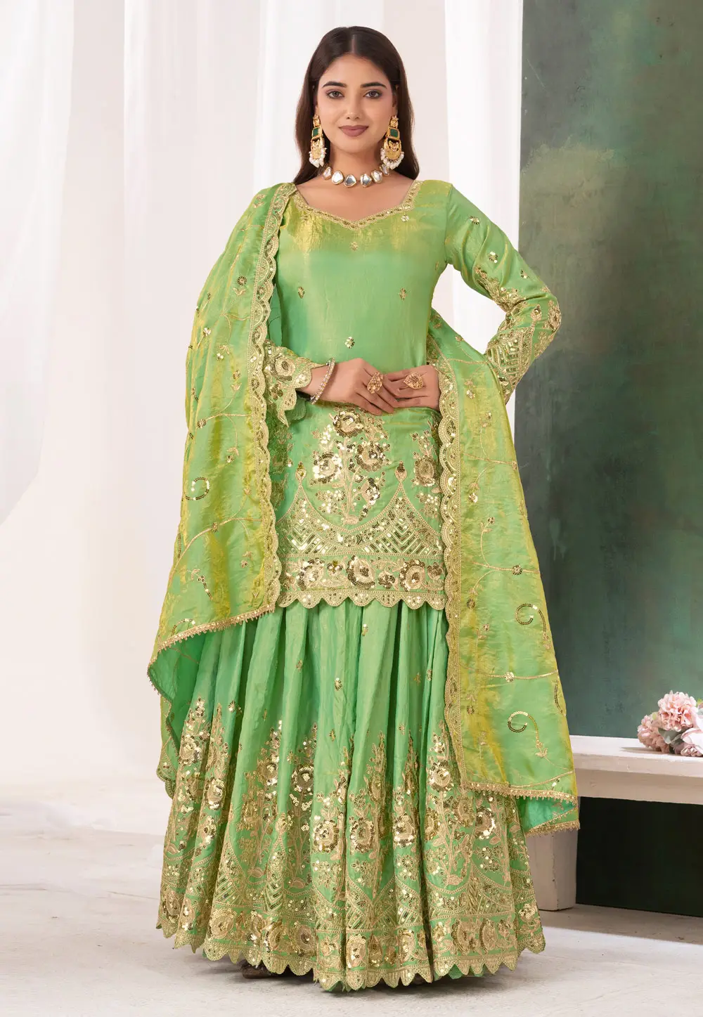 Pista Green Shimmer Readymade Indo Western Lehenga Choli 337034
