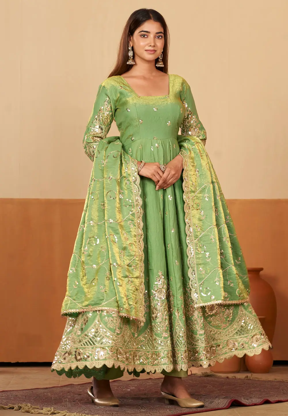 Pista Green Shimmer Readymade Long Anarkali Suit 334831