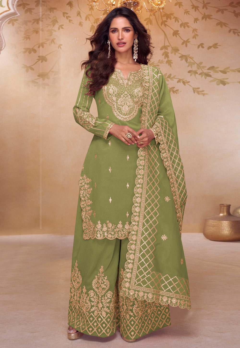 Pista Green Shimmer Readymade Palazzo Suit 320199