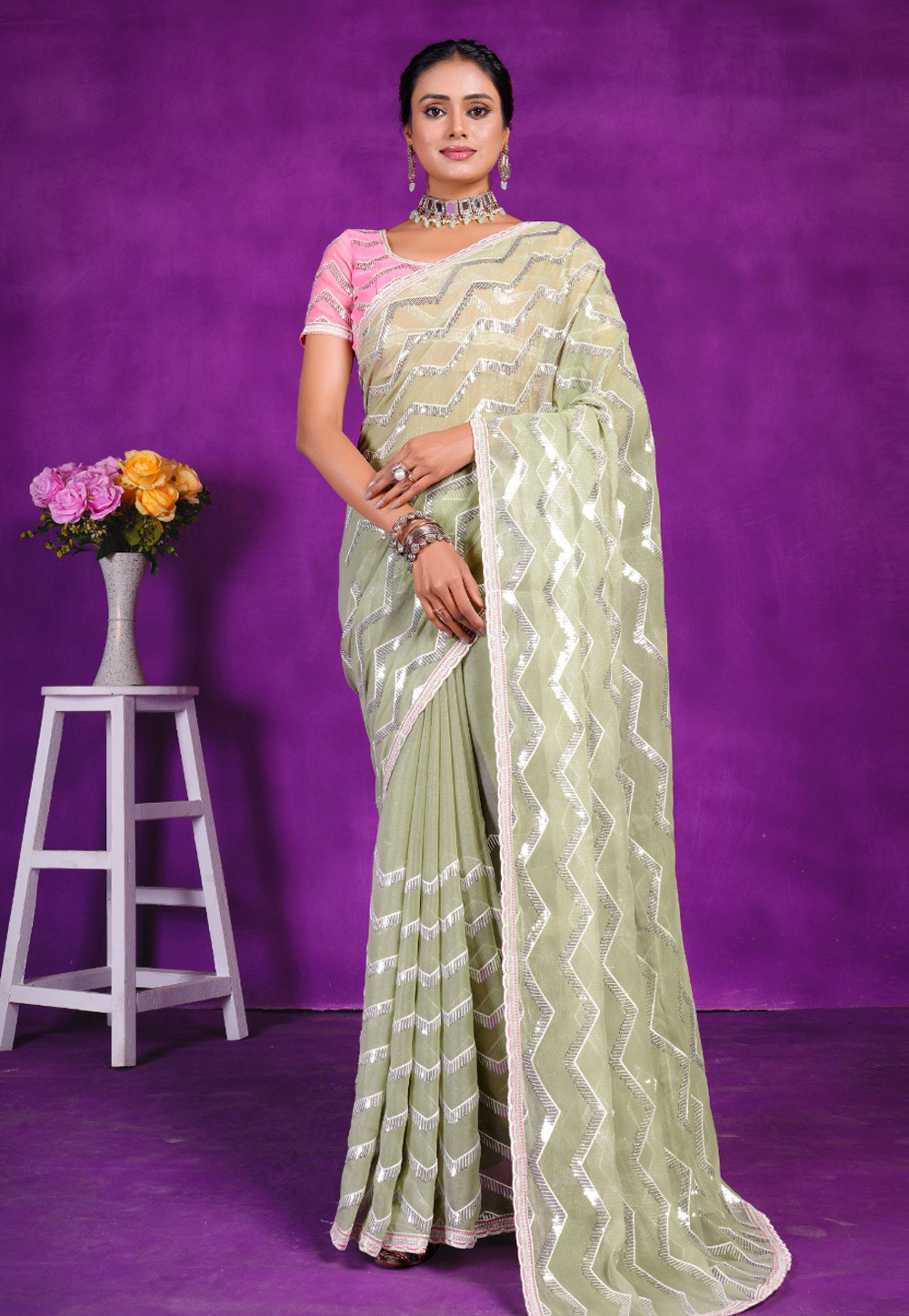Pista Green Shimmer Sequence Saree 285492