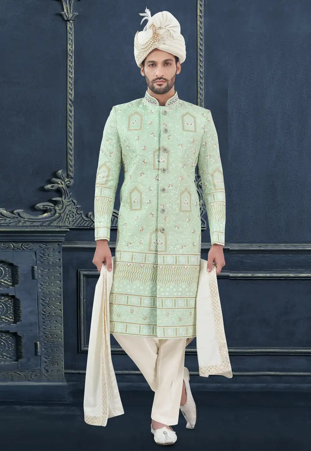 Pista Green Silk Achkan Style Sherwani 305190