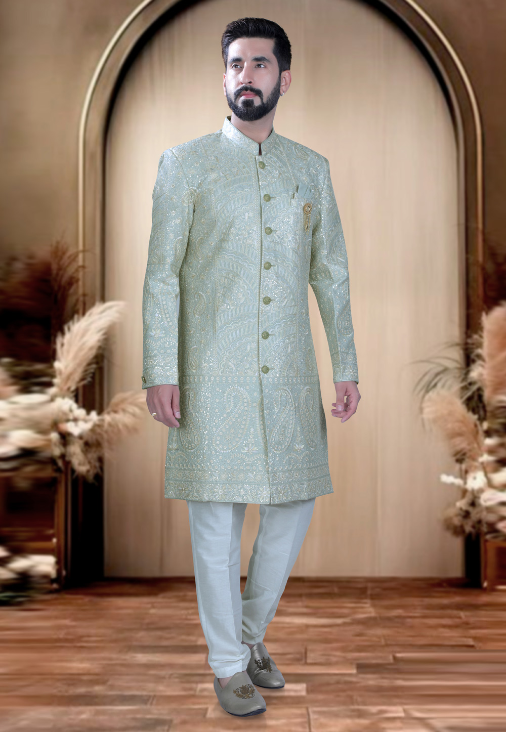 Pista Green Silk Achkan Style Sherwani 319650