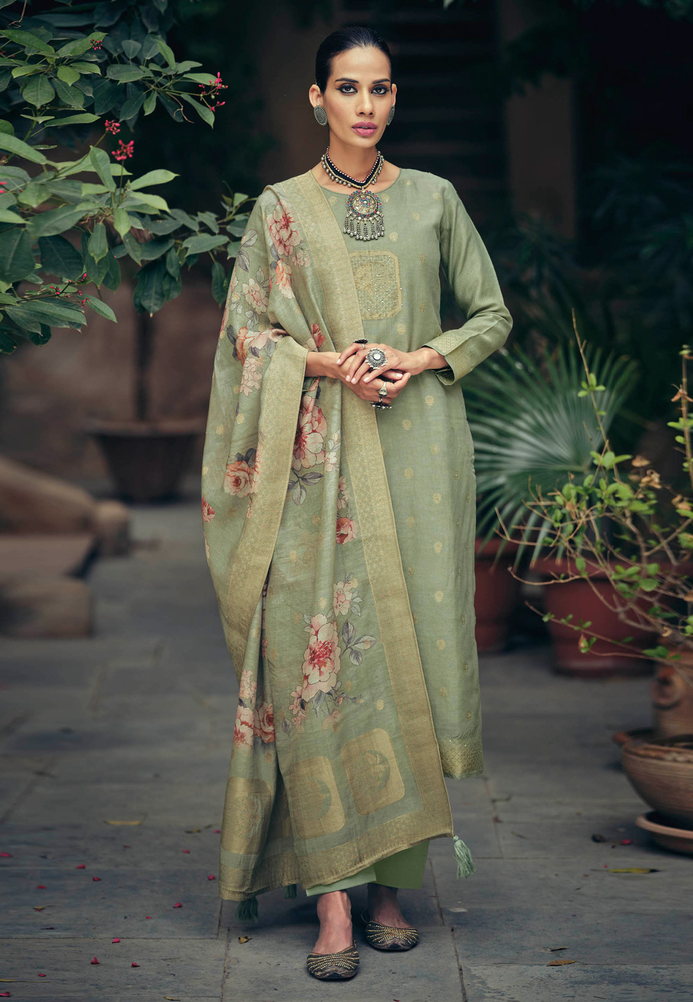Pista Green Silk Cotton Pakistani Suit 328874