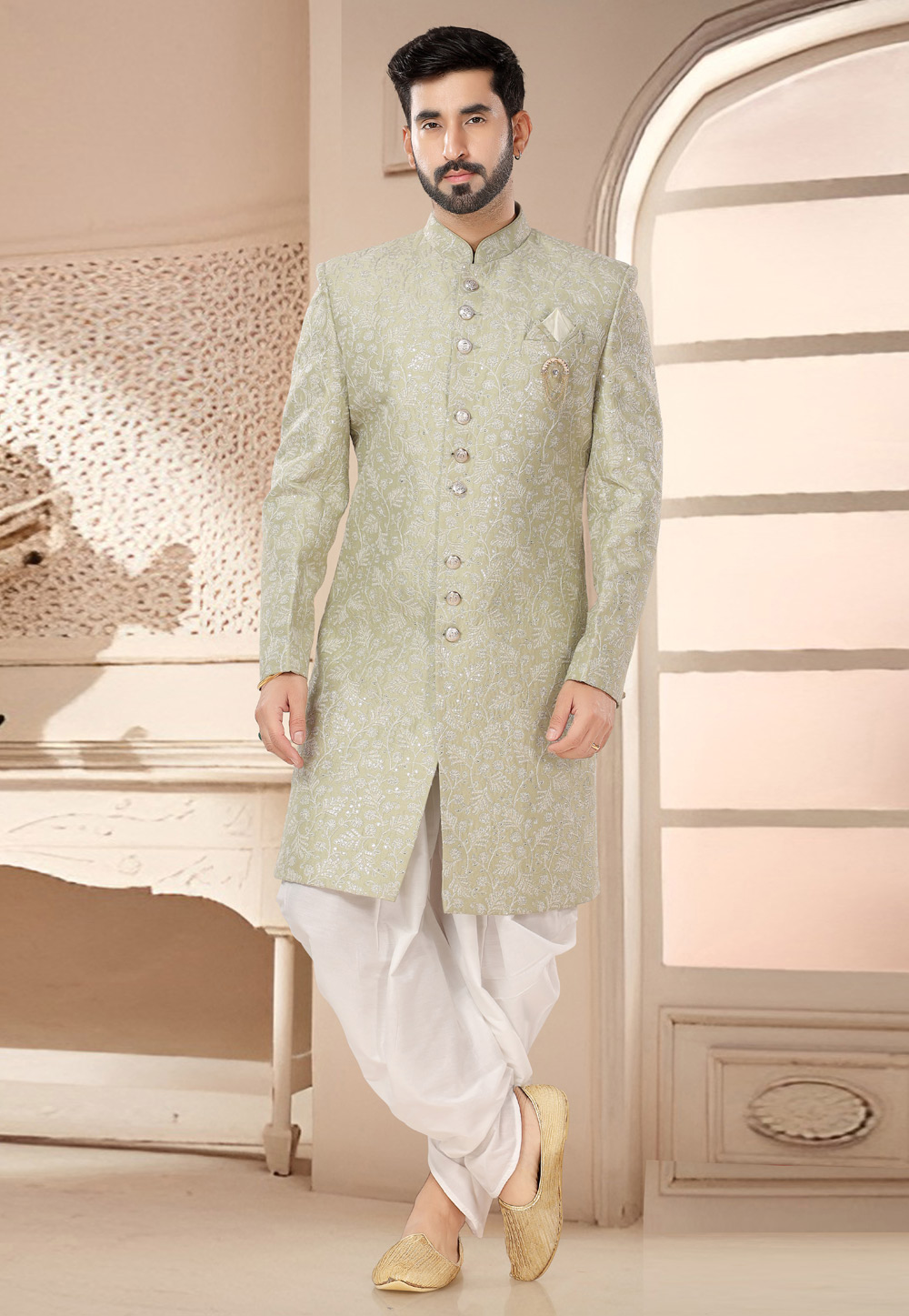 Pista Green Silk Dhoti Sherwani 285759