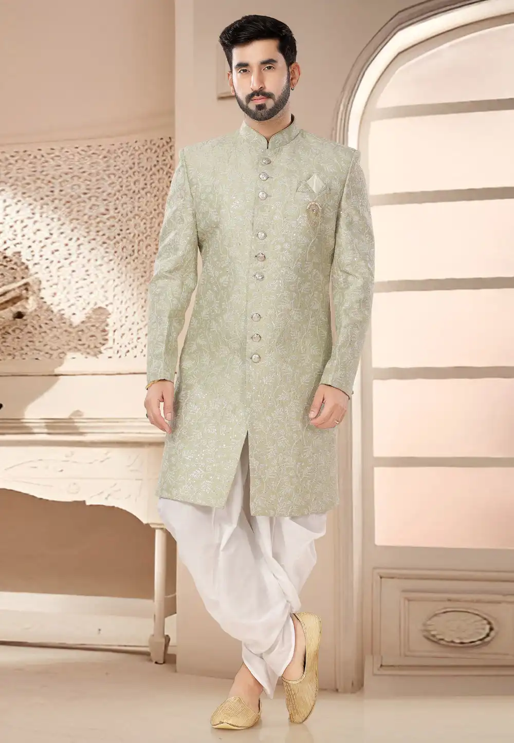 Pista Green Silk Dhoti Sherwani 285759