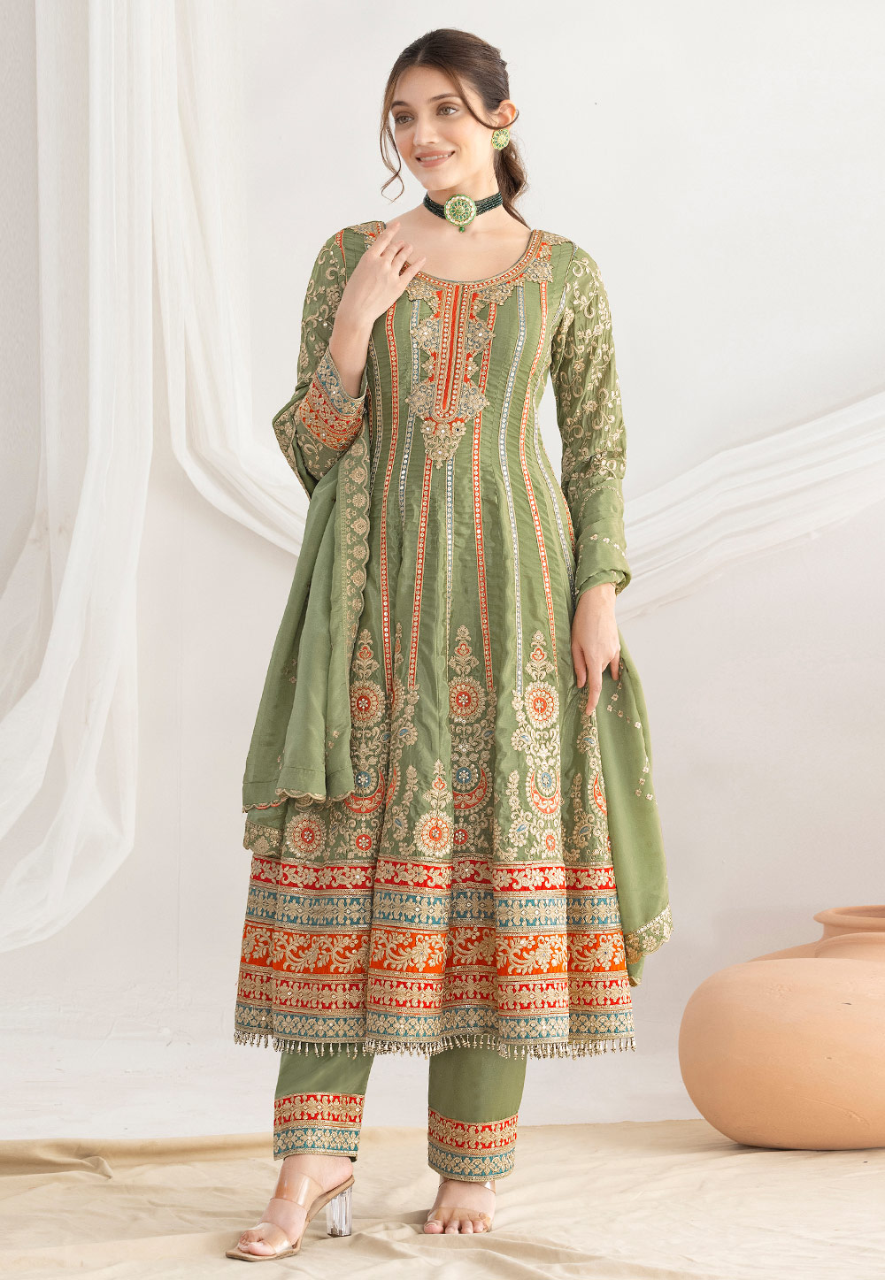 Pista Green Silk Embroidered Anarkali Suit 320520
