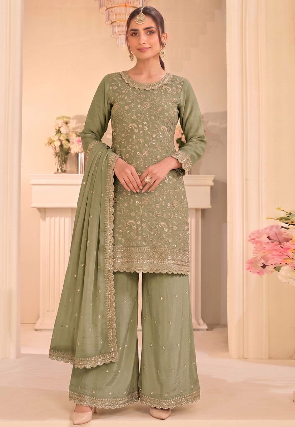 Pista Green Silk Embroidered Palazzo Suit 329768