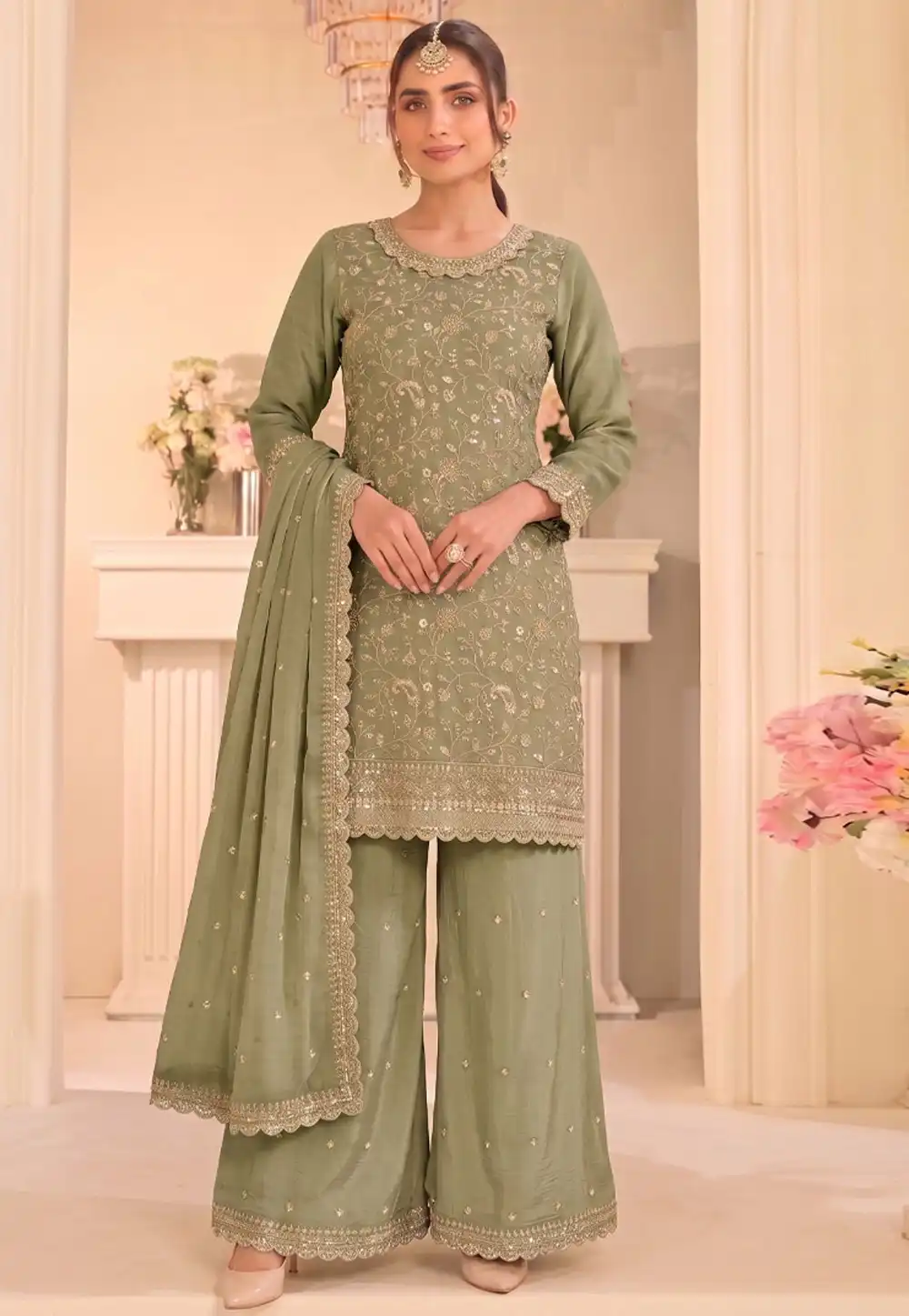 Pista Green Silk Embroidered Palazzo Suit 329768