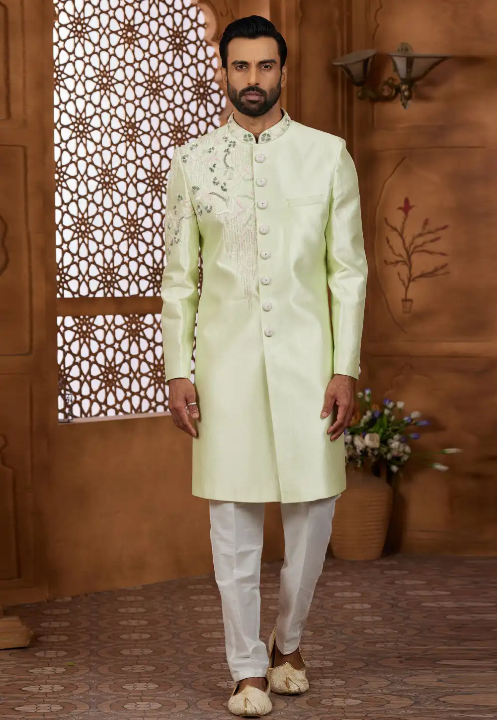 Pista Green Silk Indo Western Sherwani 306712