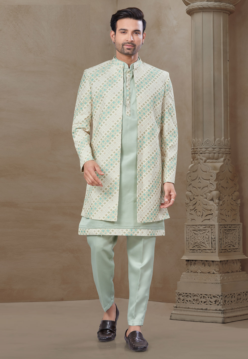 Pista Green Silk Indo Western Suit 306694