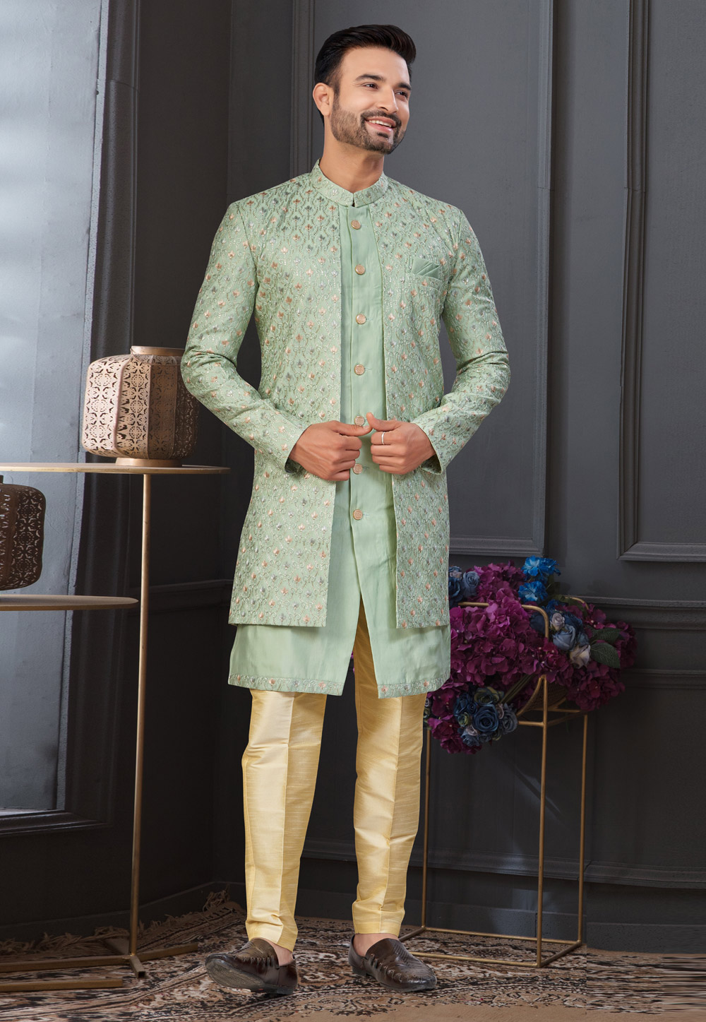 Pista Green Silk Indo Western Suit 322881