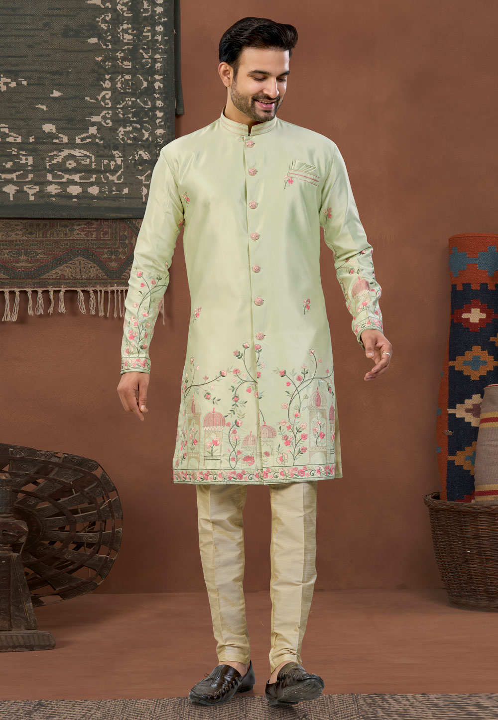 Pista Green Silk Indo Western Suit 324616