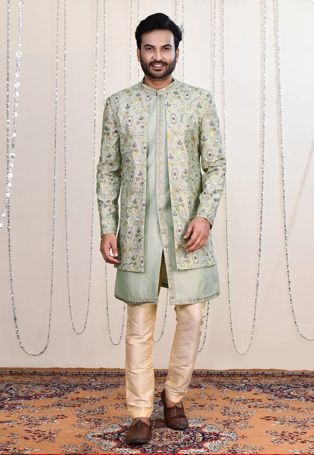 Pista Green Silk Indo Western Suit 335265