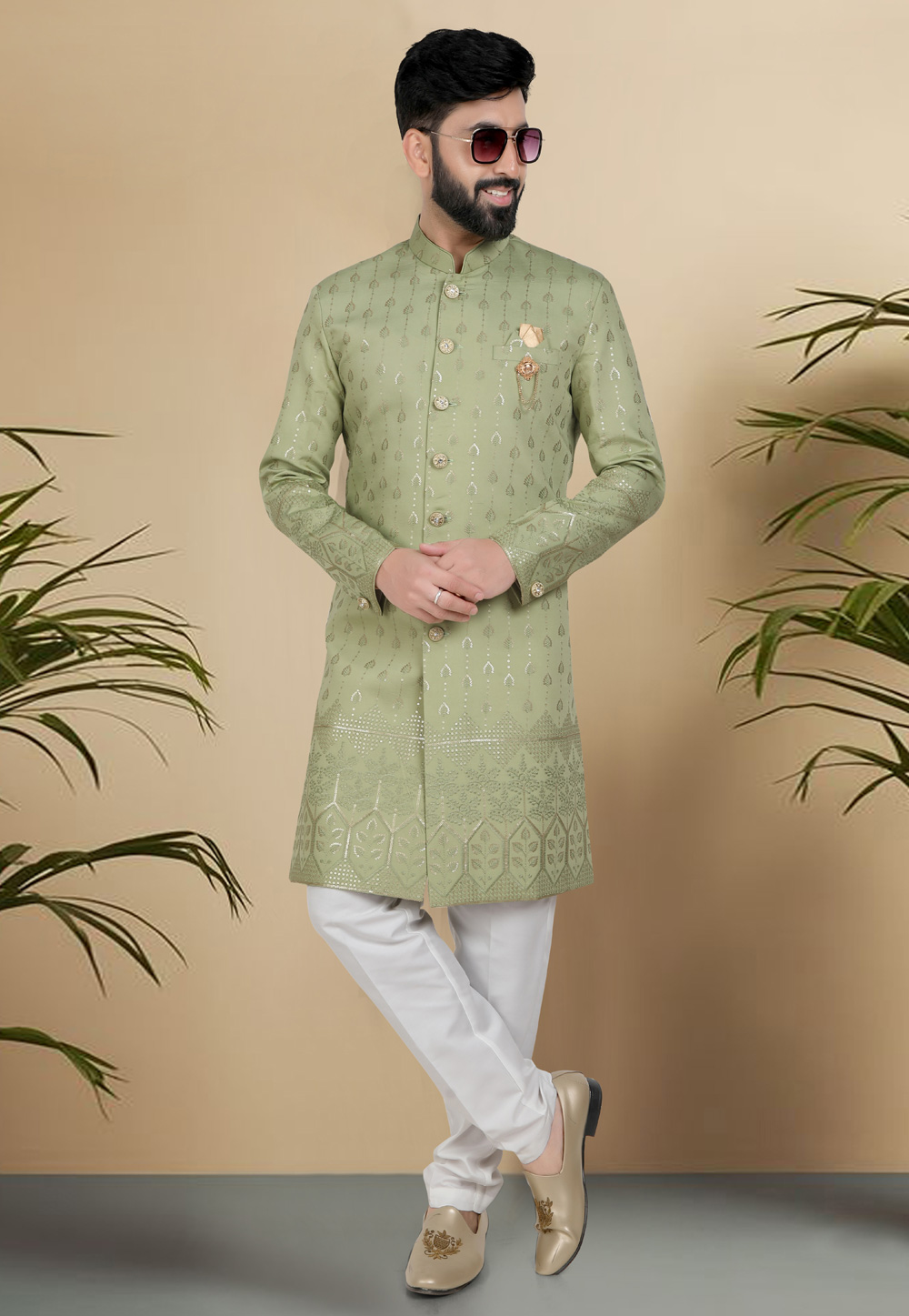 Pista Green Silk Indo Western Suit 313098