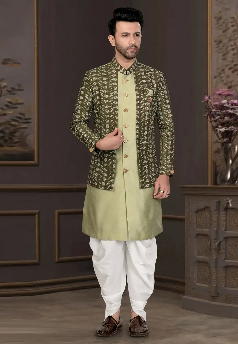 Pista Green Silk Indo Western Suit 316123