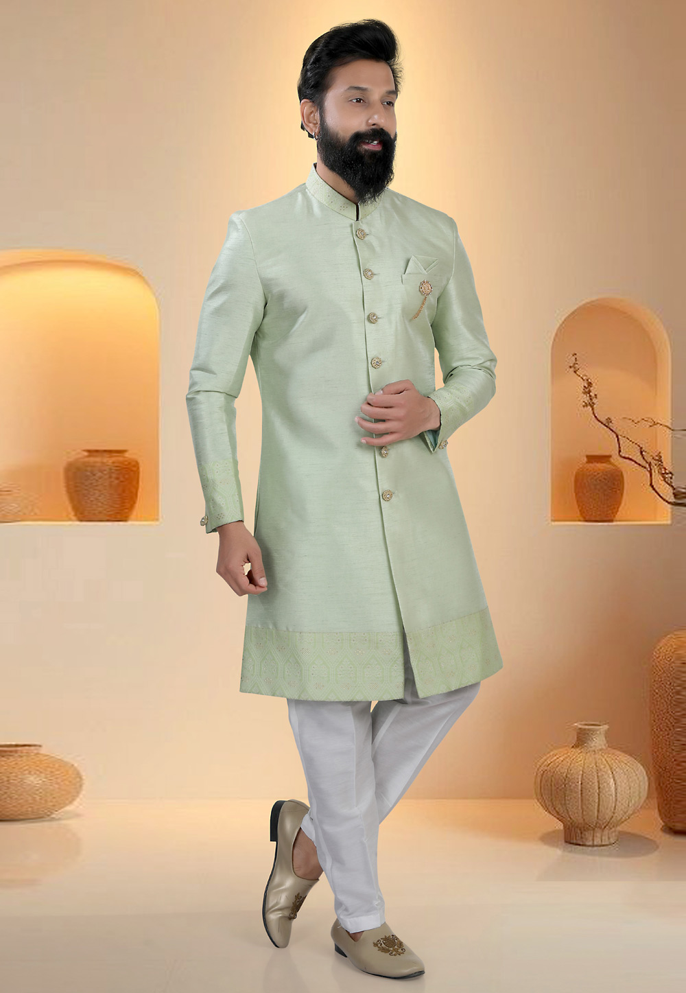 Pista Green Silk Indo Western Suit 321302