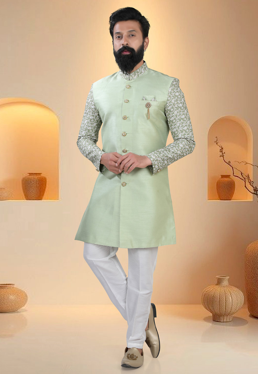 Pista Green Silk Indo Western Suit 321309