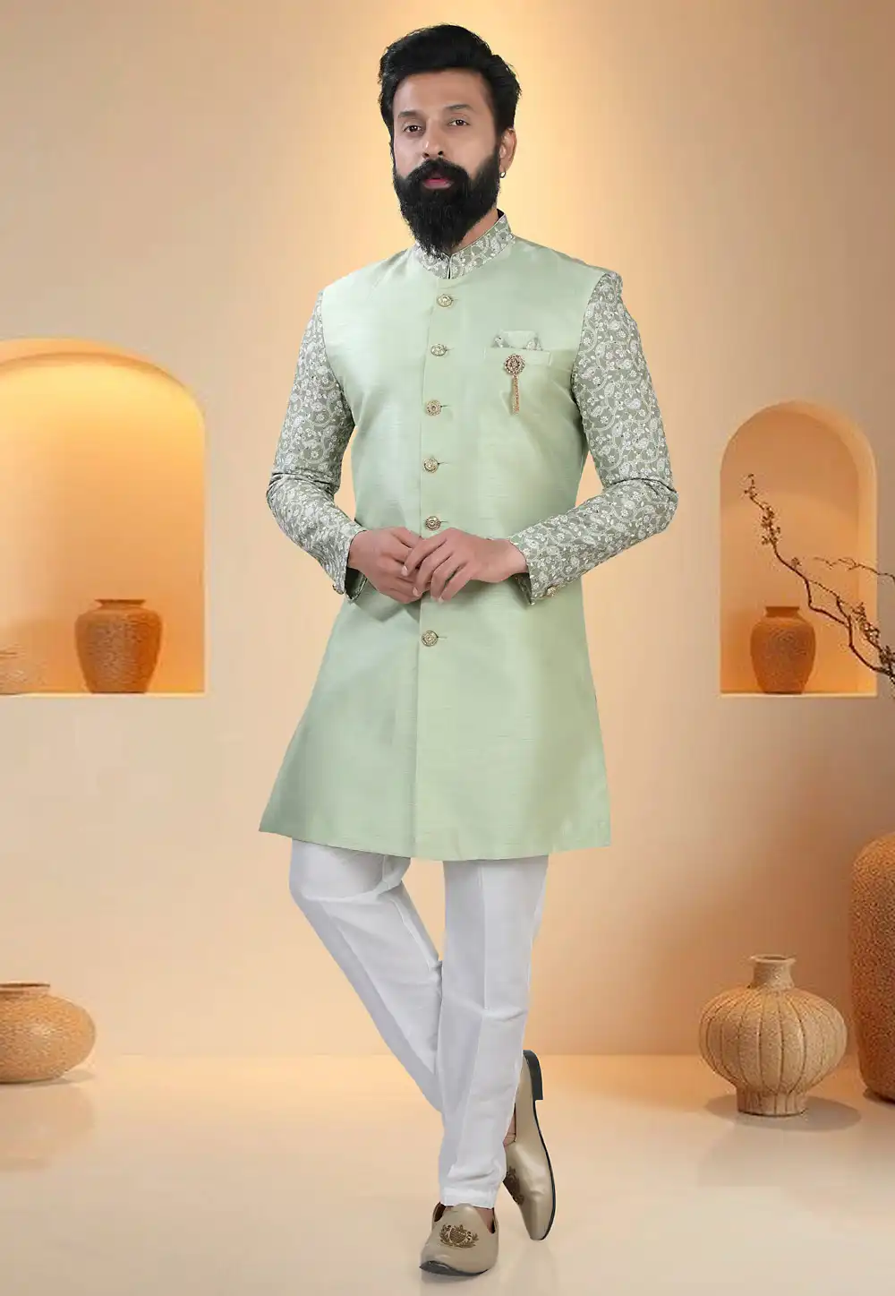 Pista Green Silk Indo Western Suit 321309